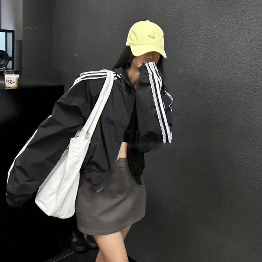한국 스타일 chic 후드 재킷 레이스 화이트 로드 긴팔 재킷 운동 바람 자외선 차단 외투 얇은 스타일 재킷 재킷 이미지 3