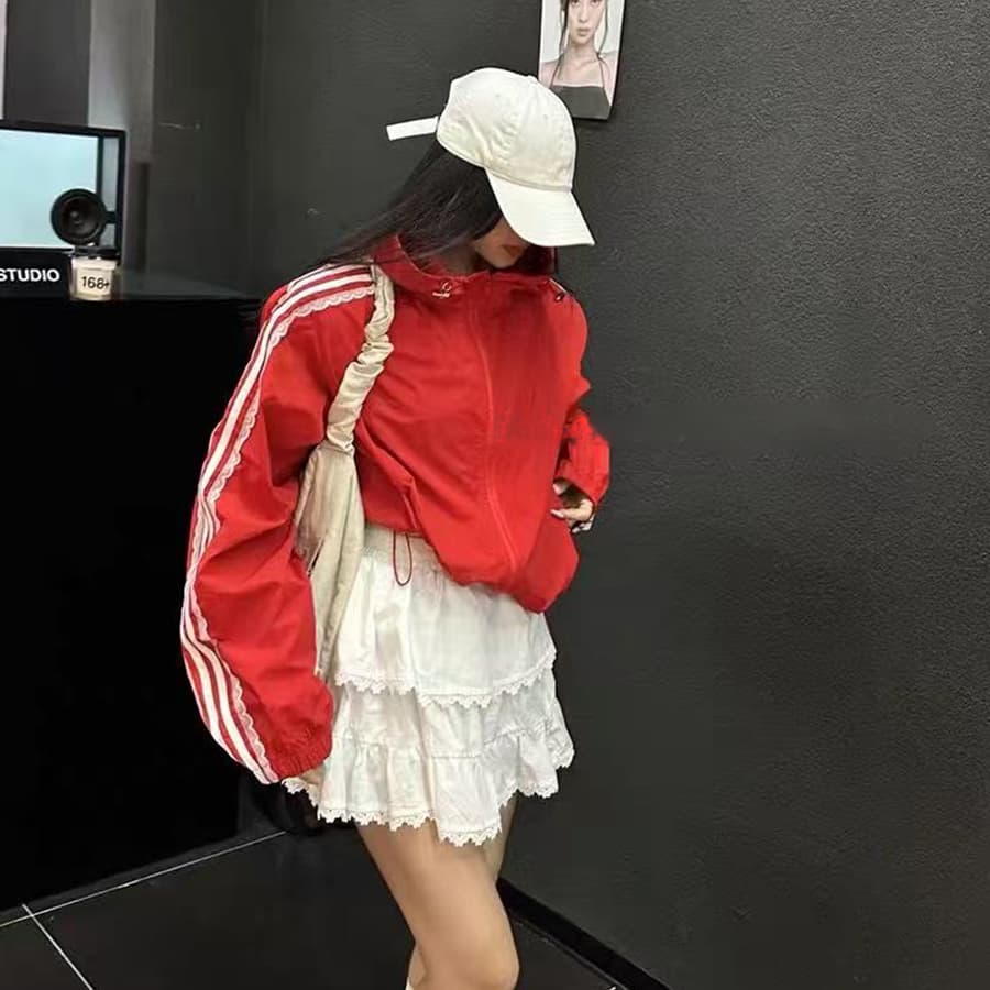 한국 스타일 chic 후드 재킷 레이스 화이트 로드 긴팔 재킷 운동 바람 자외선 차단 외투 얇은 스타일 재킷 재킷 이미지 4