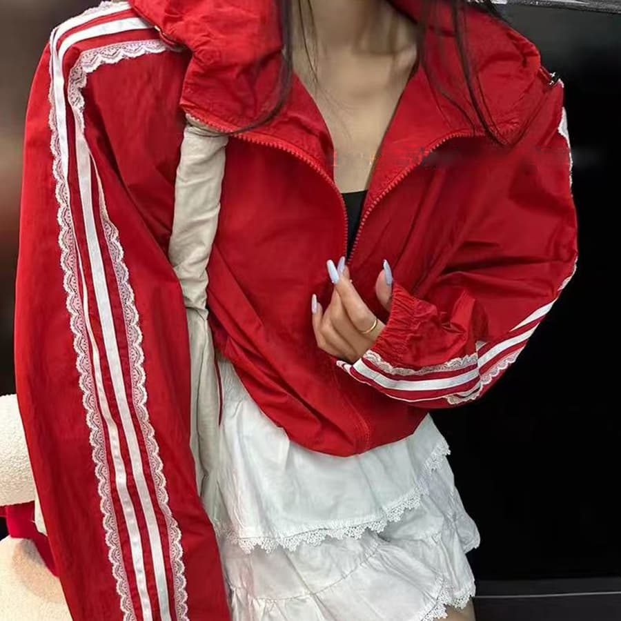 한국 스타일 chic 후드 재킷 레이스 화이트 로드 긴팔 재킷 운동 바람 자외선 차단 외투 얇은 스타일 재킷 재킷 상세 이미지 8