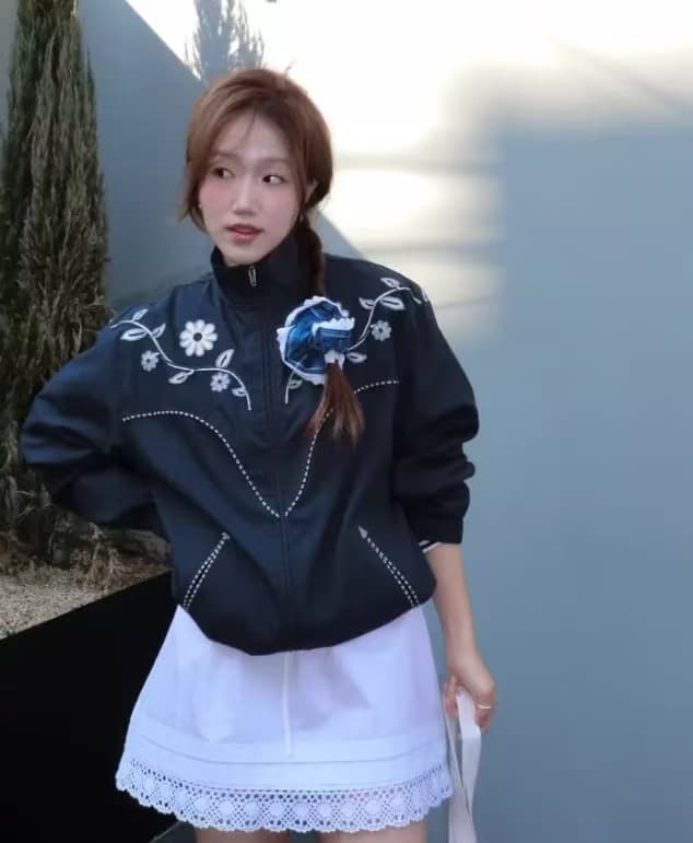 가을 재킷 재킷 스탠드 칼라 펌프 로프 지퍼 재킷 무거운 작업 자수 패션 재킷 자켓 짧은 여성 코트