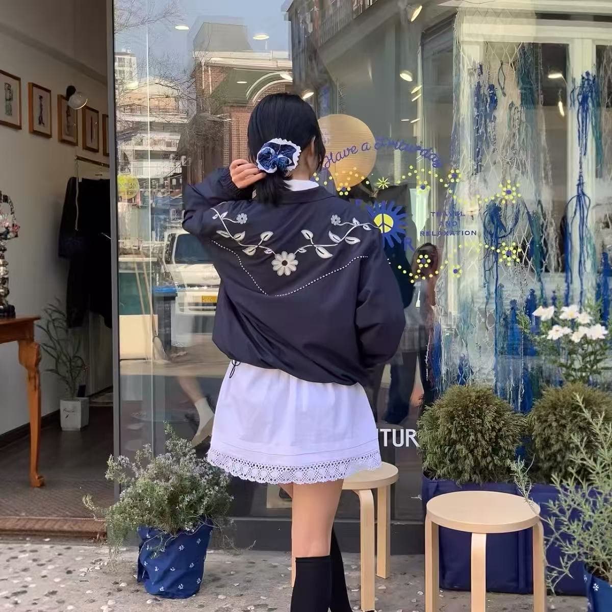 가을 재킷 재킷 스탠드 칼라 펌프 로프 지퍼 재킷 무거운 작업 자수 패션 재킷 자켓 짧은 여성 코트 이미지 3