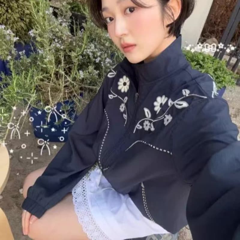 가을 재킷 재킷 스탠드 칼라 펌프 로프 지퍼 재킷 무거운 작업 자수 패션 재킷 자켓 짧은 여성 코트 이미지 5