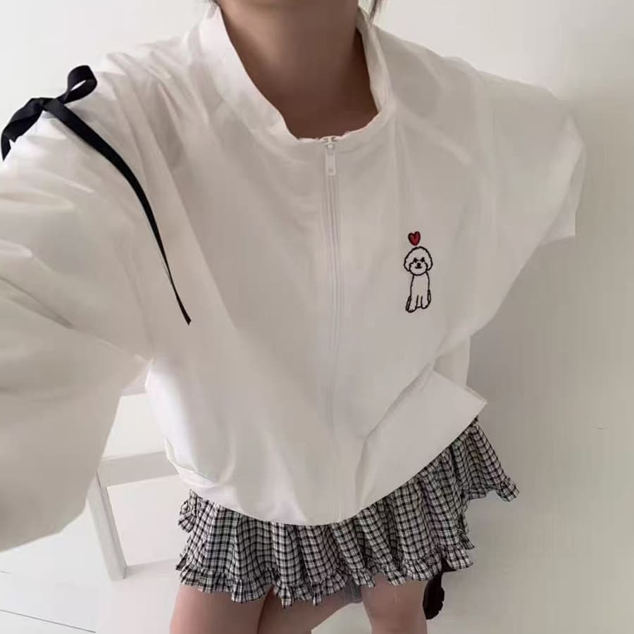 가을 강아지 자수 재킷 재킷 스탠드 칼라 지퍼 나비 매듭 긴팔 재킷 뭉치 구두 소매 방풍 재킷 상세 이미지 7