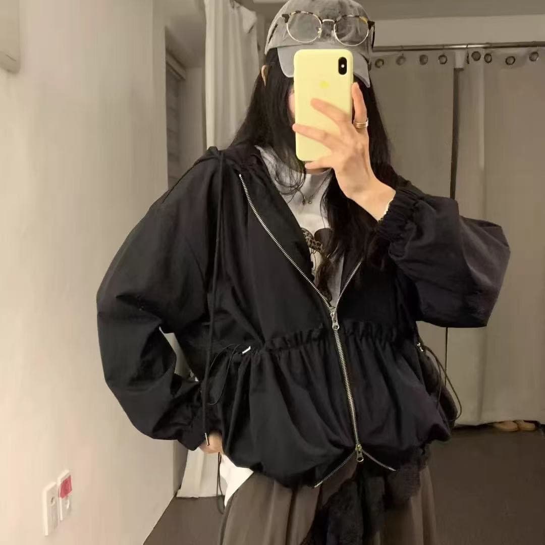 가을 루즈핏 펌프 로프 허리 수축 재킷 재킷 후드 펌프 Pleat 허리 수축 당겨서 사슬 빅 포켓 쇼트 스타일 캐주얼 재킷 상세 이미지 1