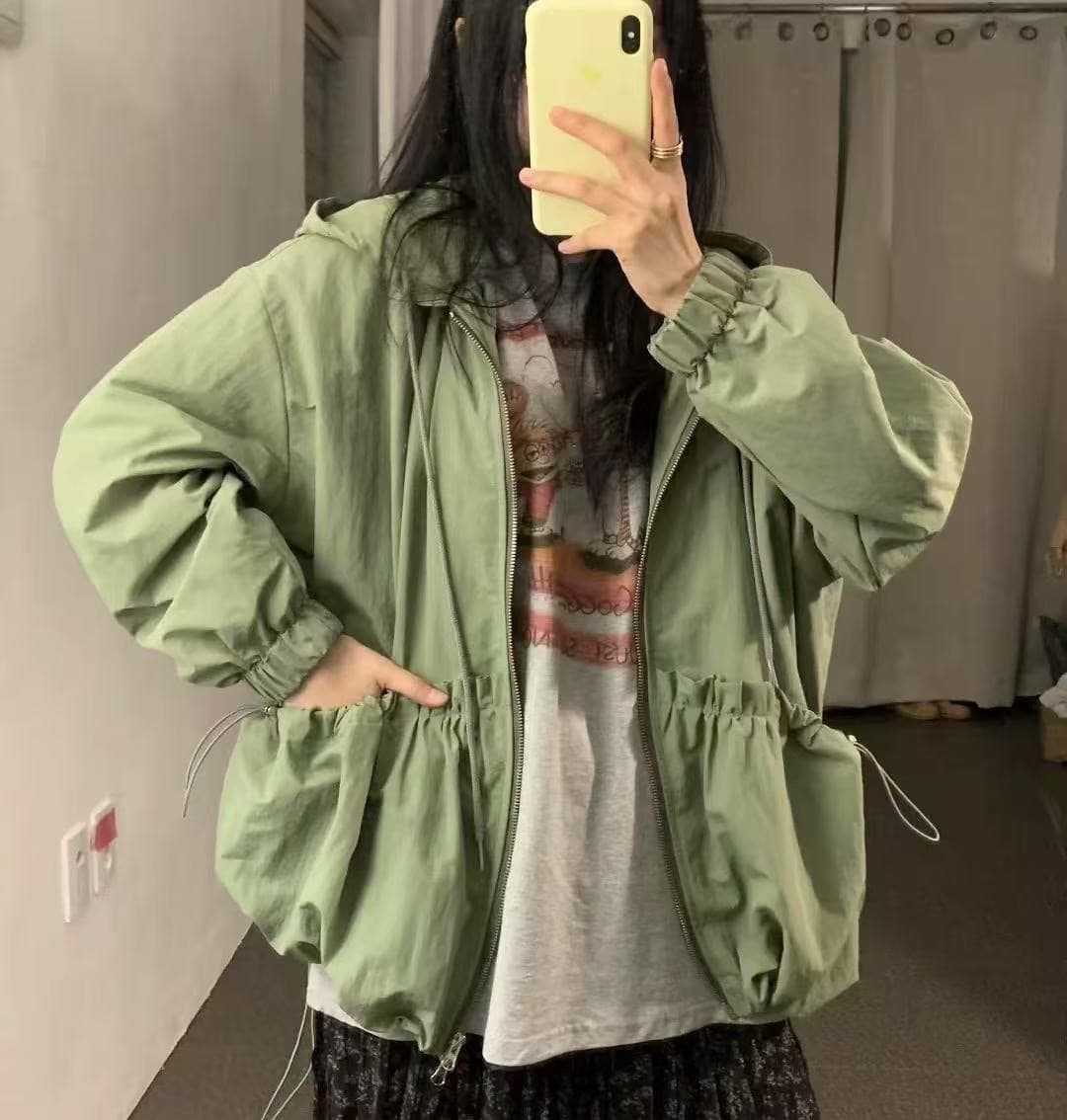 가을 루즈핏 펌프 로프 허리 수축 재킷 재킷 후드 펌프 Pleat 허리 수축 당겨서 사슬 빅 포켓 쇼트 스타일 캐주얼 재킷 상세 이미지 5