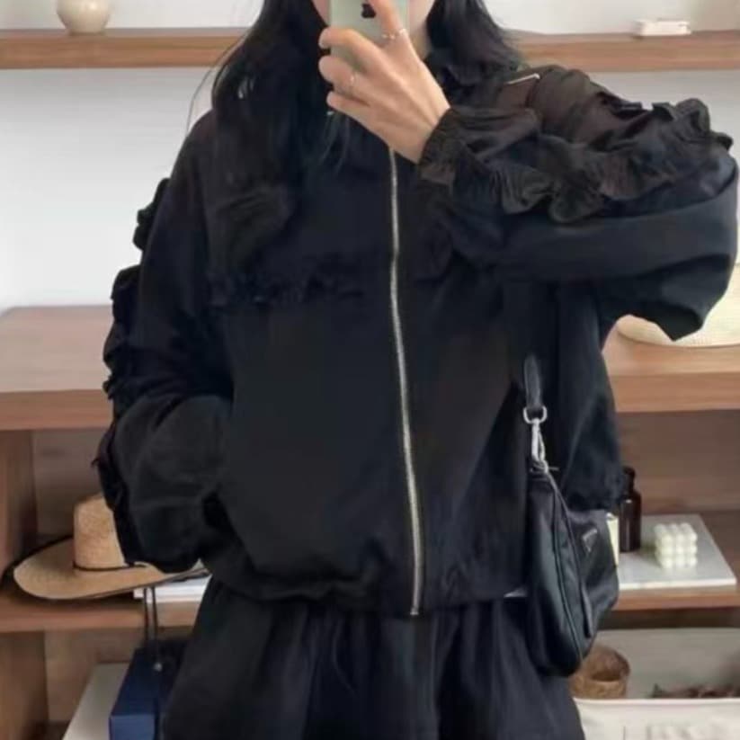 후드 펌프 로프 3 차원 연꽃 국경 수비 옷 캐주얼 운동 재킷 다용도 루즈핏 주름 긴팔 얇은 코트 이미지 3