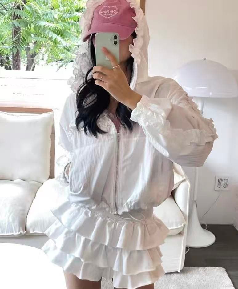 후드 펌프 로프 3 차원 연꽃 국경 수비 옷 캐주얼 운동 재킷 다용도 루즈핏 주름 긴팔 얇은 코트 상세 이미지 1
