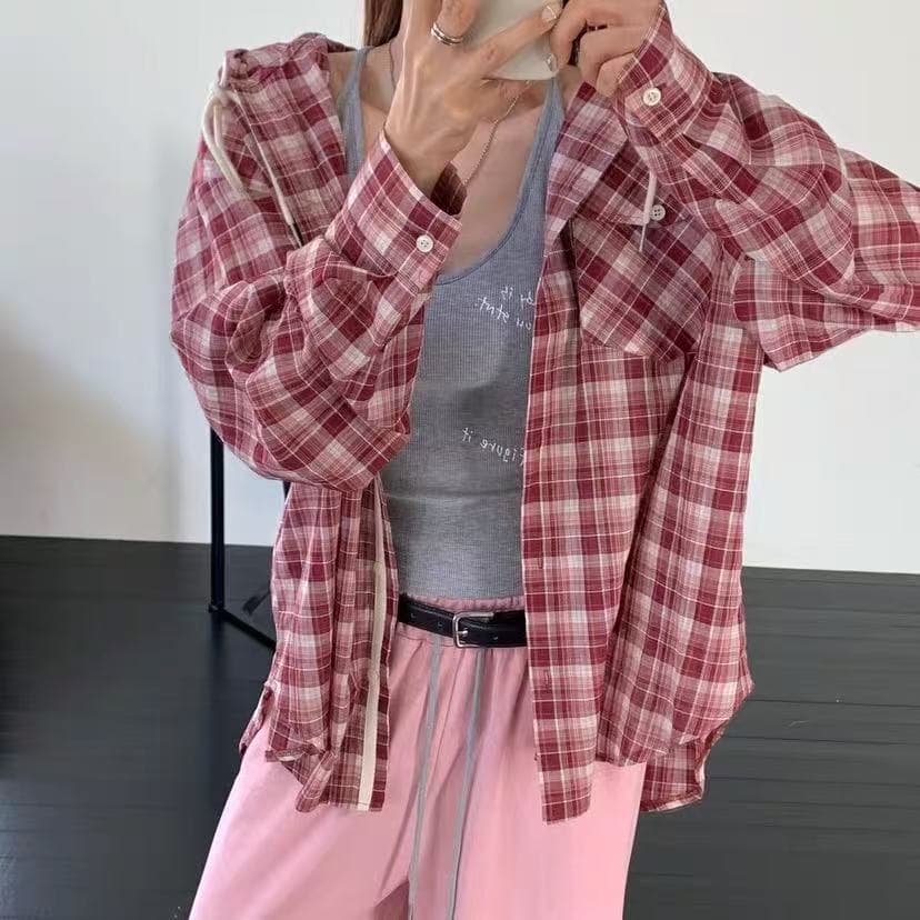 후드 격자 무늬 셔츠 루즈핏 다용도 캐주얼 얇은 스타일 후드 태양 보호 셔츠 맨위 뒤로 트임 긴팔 셔츠 이미지 3