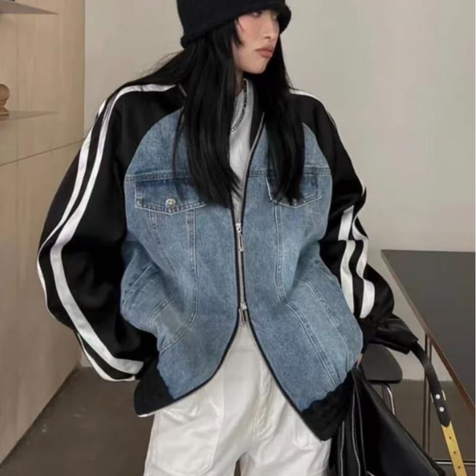 배색 데님 패치워크 야구 외투 루즈핏 다용도 더블 지퍼 디자인 센스 긴팔 캐주얼 재킷