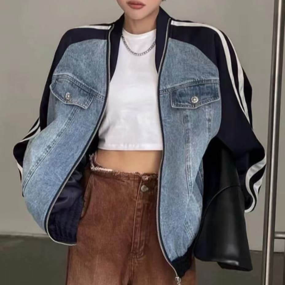 배색 데님 패치워크 야구 외투 루즈핏 다용도 더블 지퍼 디자인 센스 긴팔 캐주얼 재킷 이미지 3