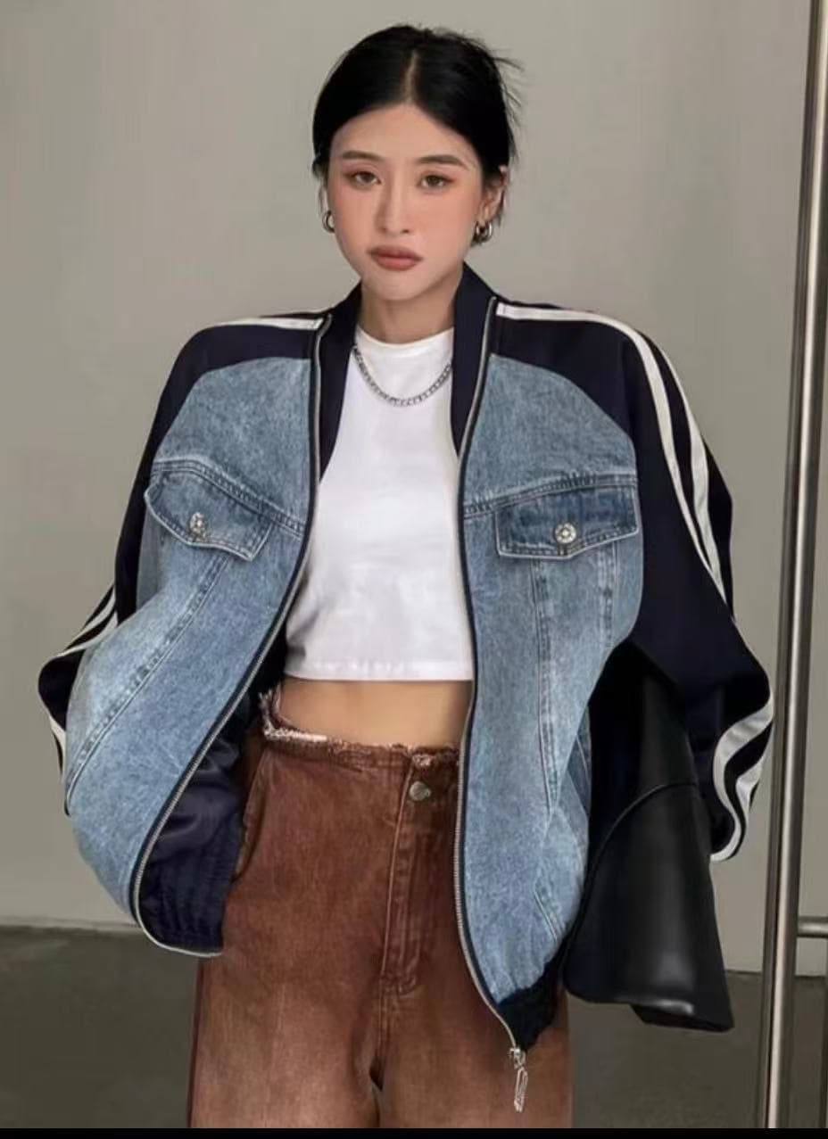 배색 데님 패치워크 야구 외투 루즈핏 다용도 더블 지퍼 디자인 센스 긴팔 캐주얼 재킷 상세 이미지 2