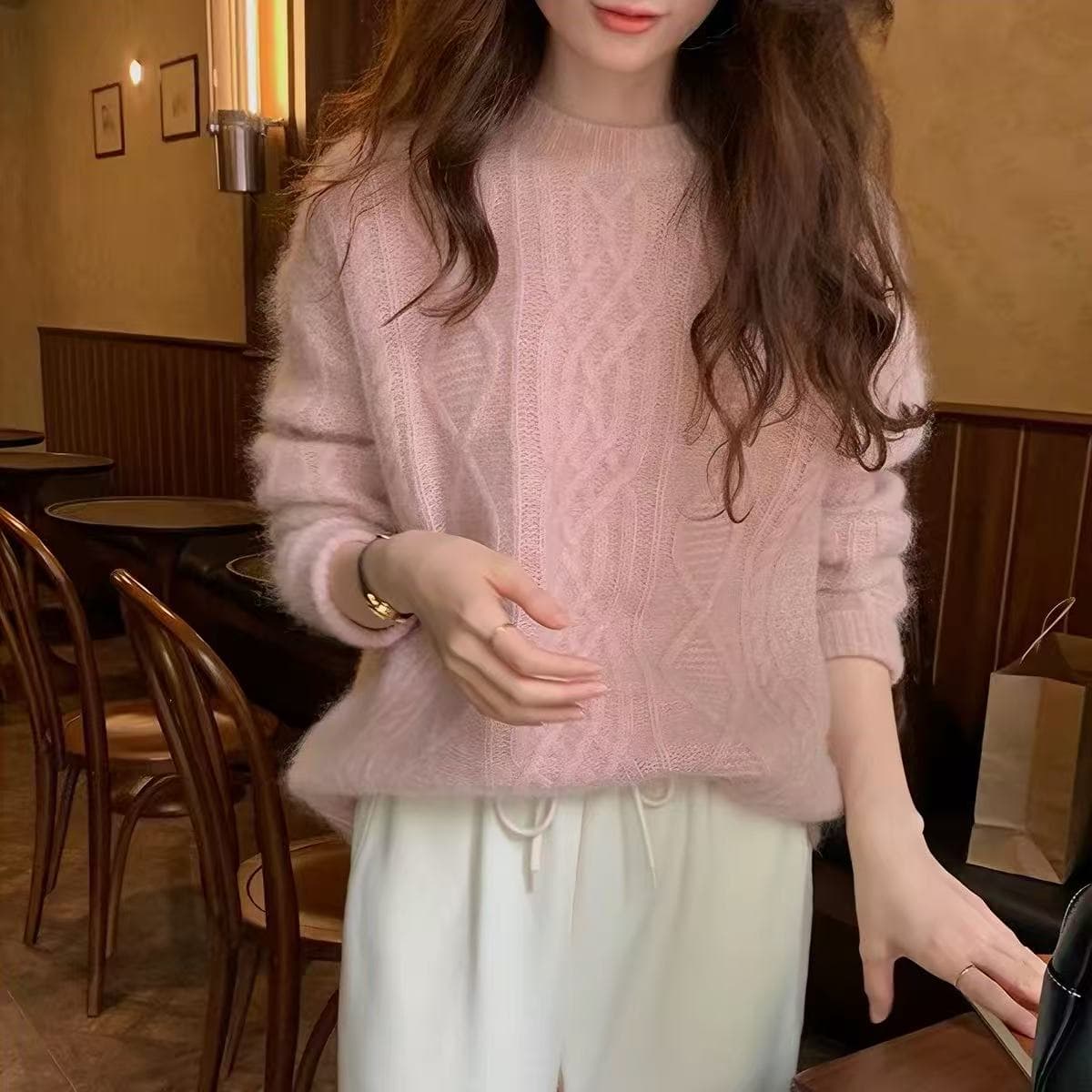 분말 색상 두꺼운 꽈배기 너구리 플러시 스웨터 가을 겨울 느긋한 바람 루즈핏 풀오버 라운드 넥 니트 스웨터 인사이드 가져 가라. 만나는