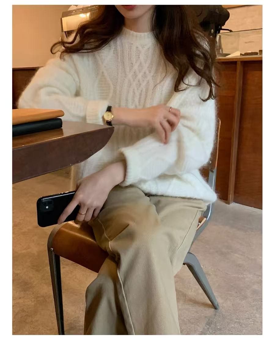 분말 색상 두꺼운 꽈배기 너구리 플러시 스웨터 가을 겨울 느긋한 바람 루즈핏 풀오버 라운드 넥 니트 스웨터 인사이드 가져 가라. 만나는 이미지 3