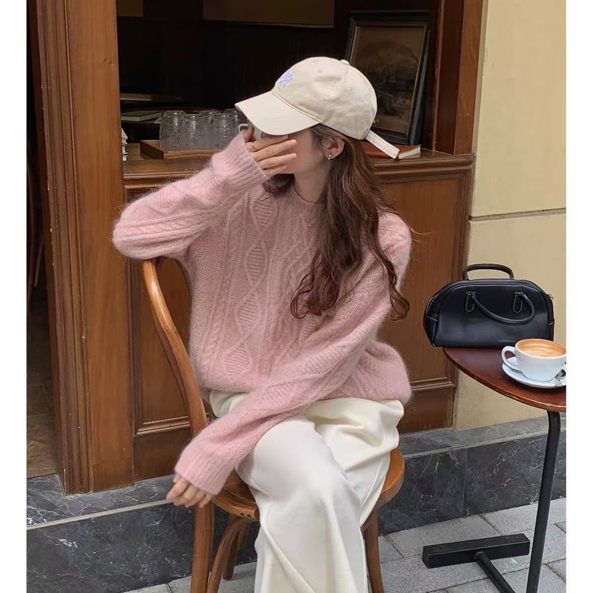 분말 색상 두꺼운 꽈배기 너구리 플러시 스웨터 가을 겨울 느긋한 바람 루즈핏 풀오버 라운드 넥 니트 스웨터 인사이드 가져 가라. 만나는 이미지 5