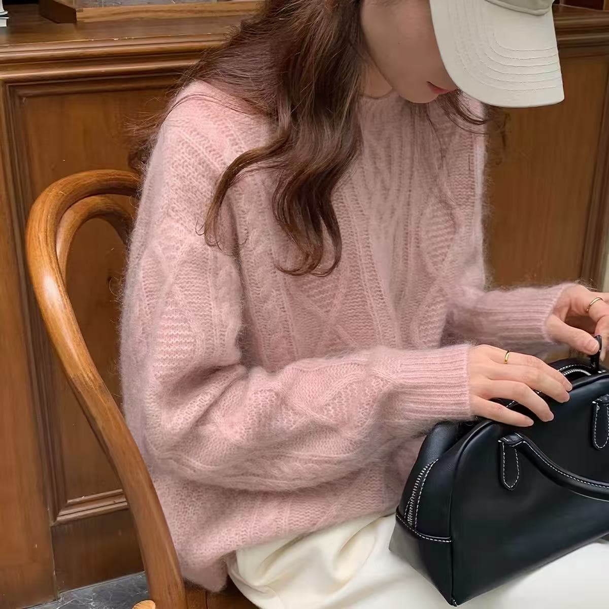 분말 색상 두꺼운 꽈배기 너구리 플러시 스웨터 가을 겨울 느긋한 바람 루즈핏 풀오버 라운드 넥 니트 스웨터 인사이드 가져 가라. 만나는 상세 이미지 1
