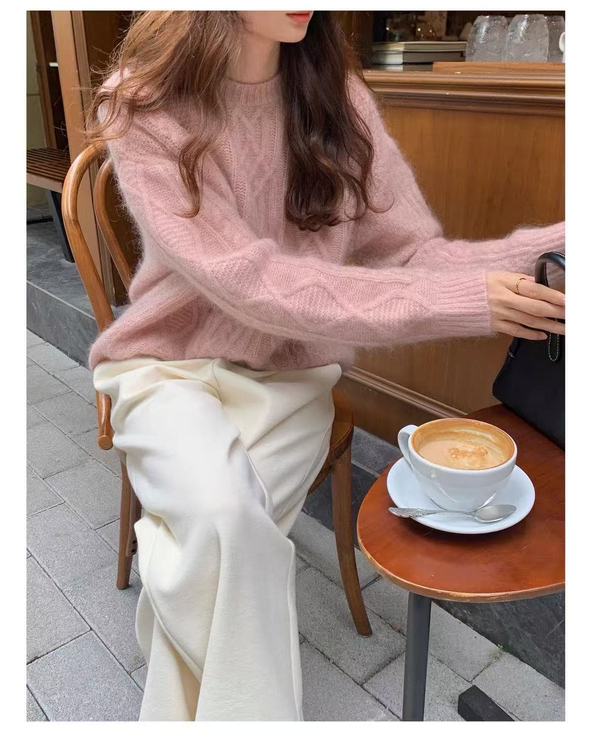 분말 색상 두꺼운 꽈배기 너구리 플러시 스웨터 가을 겨울 느긋한 바람 루즈핏 풀오버 라운드 넥 니트 스웨터 인사이드 가져 가라. 만나는 상세 이미지 4