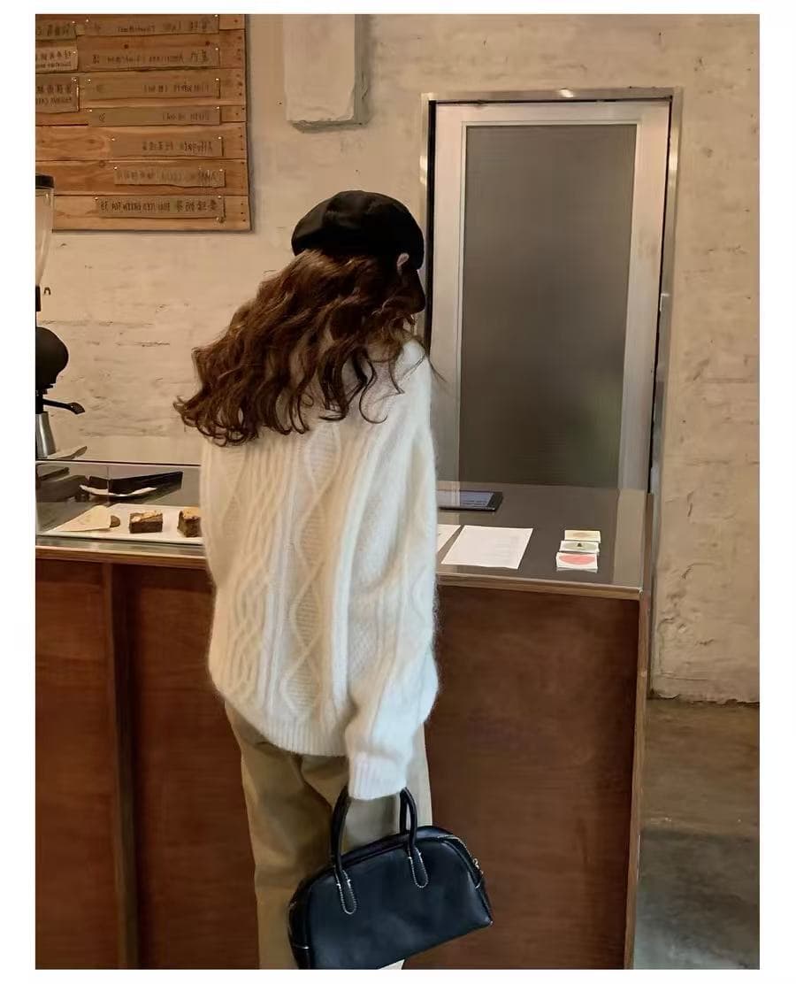 분말 색상 두꺼운 꽈배기 너구리 플러시 스웨터 가을 겨울 느긋한 바람 루즈핏 풀오버 라운드 넥 니트 스웨터 인사이드 가져 가라. 만나는 상세 이미지 7