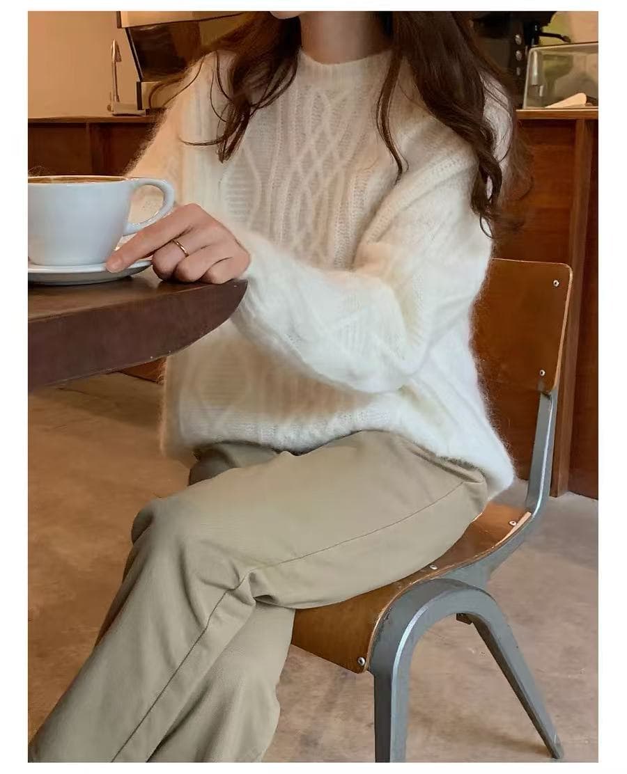 분말 색상 두꺼운 꽈배기 너구리 플러시 스웨터 가을 겨울 느긋한 바람 루즈핏 풀오버 라운드 넥 니트 스웨터 인사이드 가져 가라. 만나는 상세 이미지 9