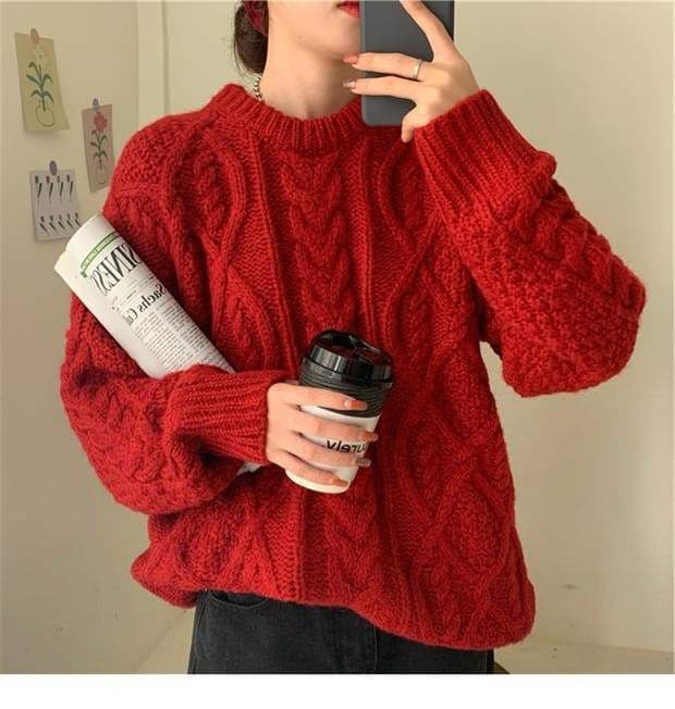 레트로 가을 겨울 무거운 작업 두꺼운 선 꽈배기 라운드 넥 긴팔 스웨터 여자 풀오버 한국 스타일 두꺼운 루즈핏 니트 맨위 이미지 2