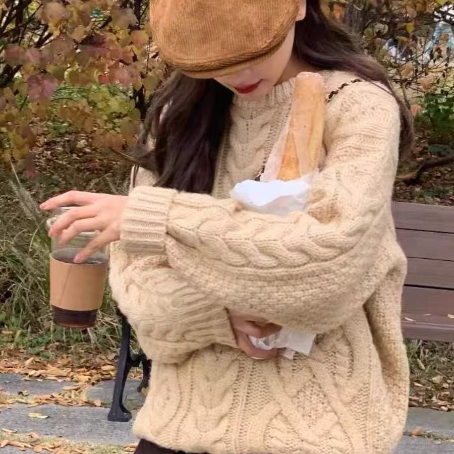 레트로 가을 겨울 무거운 작업 두꺼운 선 꽈배기 라운드 넥 긴팔 스웨터 여자 풀오버 한국 스타일 두꺼운 루즈핏 니트 맨위