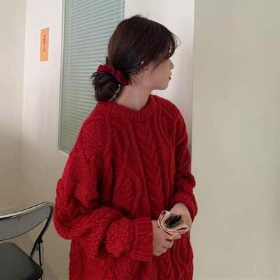 레트로 가을 겨울 무거운 작업 두꺼운 선 꽈배기 라운드 넥 긴팔 스웨터 여자 풀오버 한국 스타일 두꺼운 루즈핏 니트 맨위 상세 이미지 2