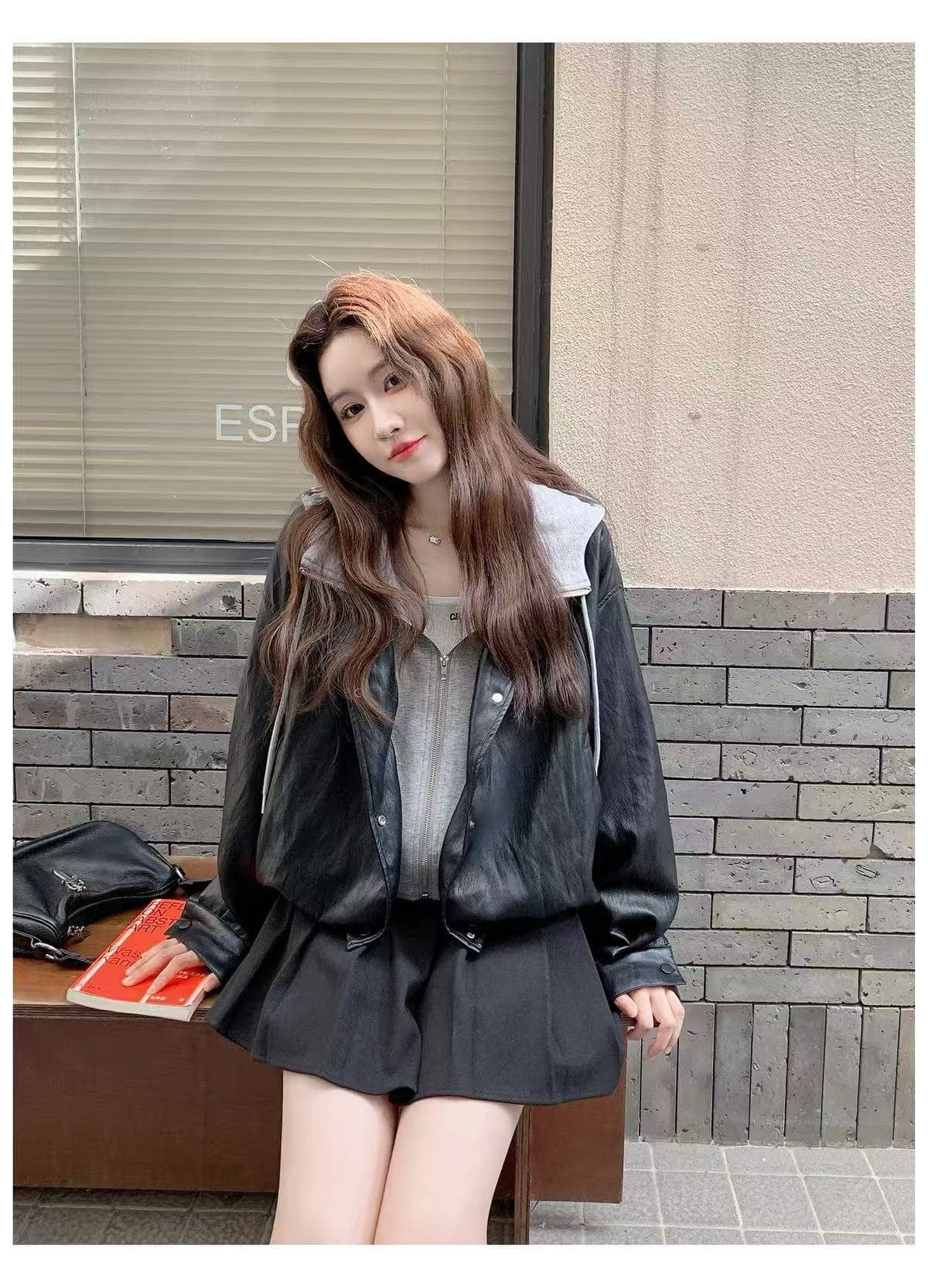 후드 패치워크 PU 가죽 외투 셔츠 재킷 배색 페이크 레이어드 새로운 독립적 인 캐주얼 오토바이 가죽 자켓 짧은 외투 상세 이미지 11