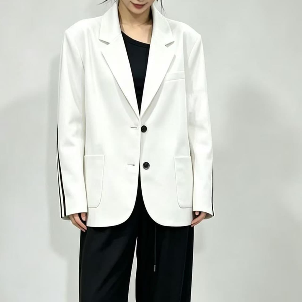 배색 리본 프로필 모양 블레이저 품격 3개 로드 루즈핏 뒤로 트임 긴팔 캐주얼 정장 맨위 여성 이미지 2