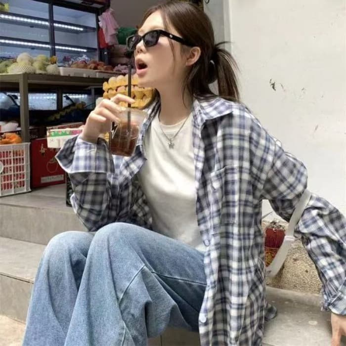 폴로 칼라 배색 체크무늬 긴팔 순면 셔츠 루즈핏 셔츠 문예 패션 헤일로 염색 블루 태양 보호 셔츠 오픈 가디건 맨위 이미지 4