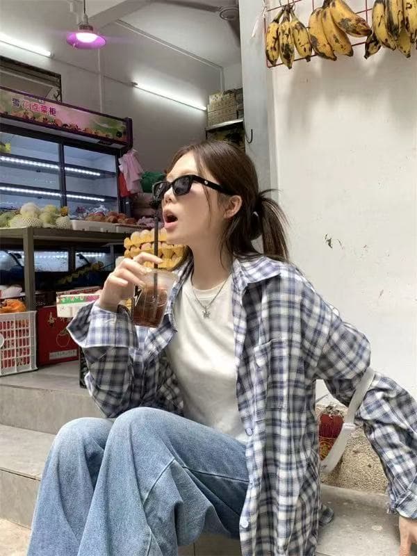 폴로 칼라 배색 체크무늬 긴팔 순면 셔츠 루즈핏 셔츠 문예 패션 헤일로 염색 블루 태양 보호 셔츠 오픈 가디건 맨위 상세 이미지 7