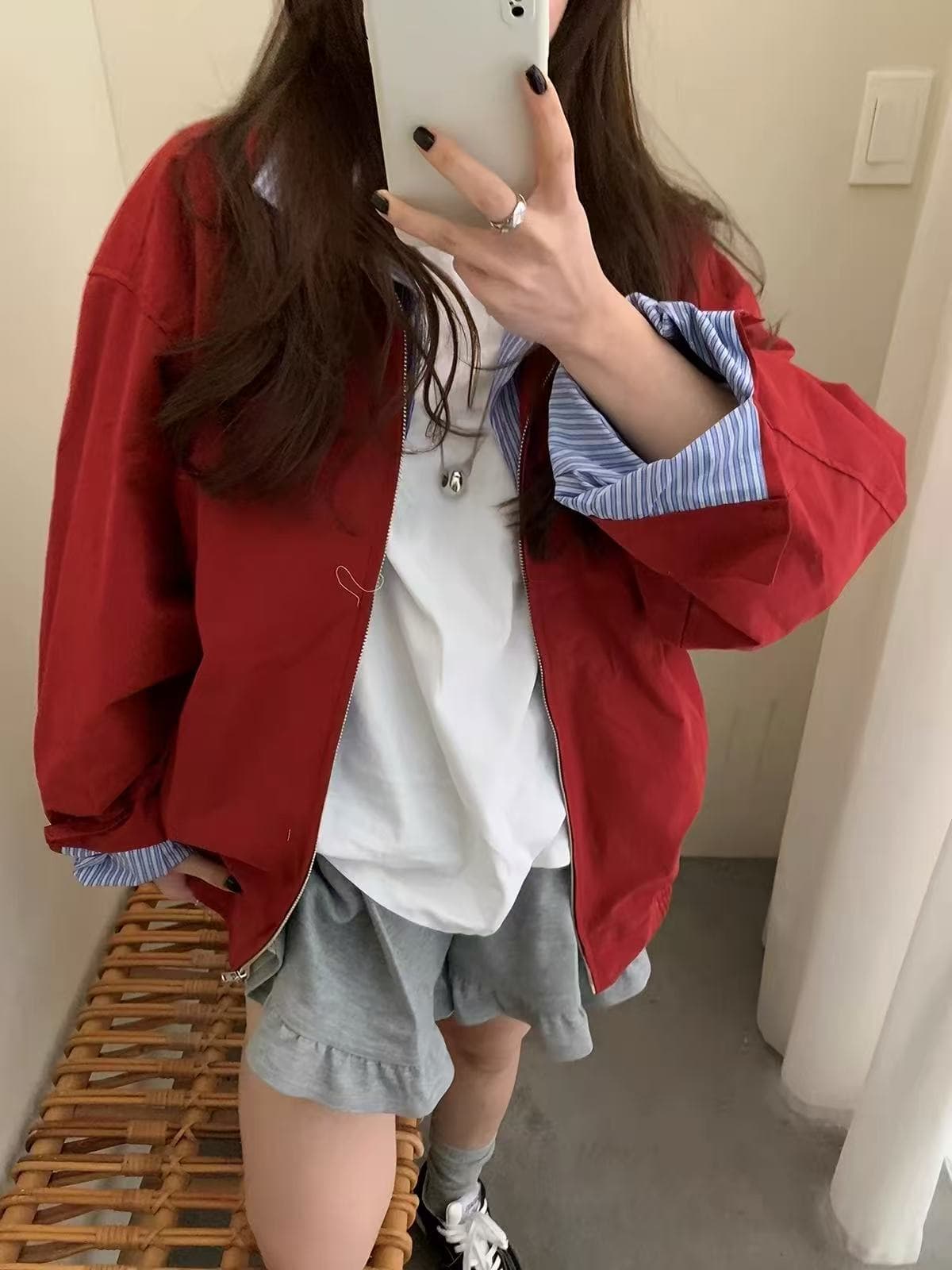 페이크 레이어드 재킷 재킷 패션 스트라이프 패치워크 폴로 칼라 오픈 가디건 지퍼 재킷 재킷 캐주얼 다용도 루즈핏 상세 이미지 2