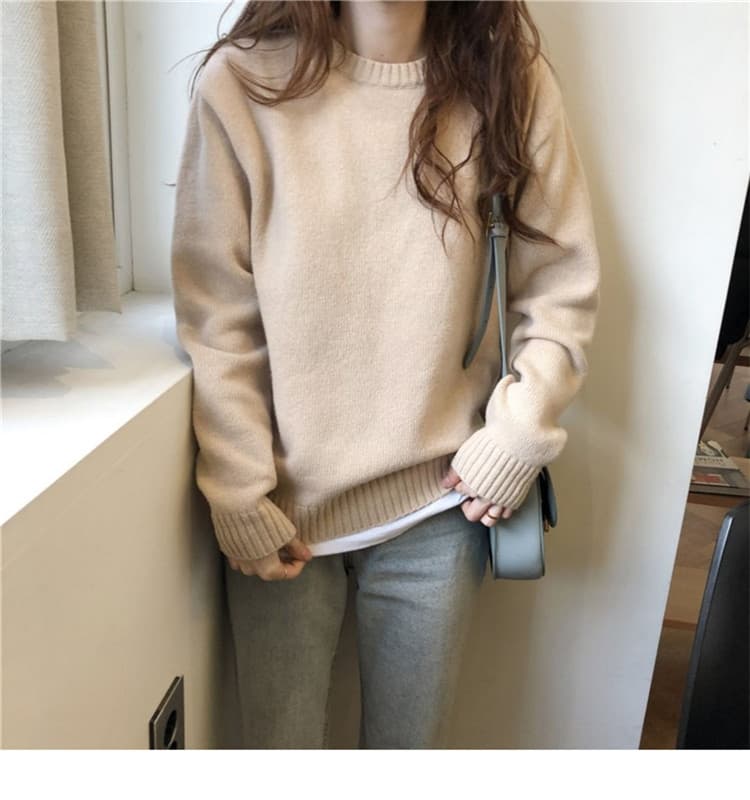 부드러운 찹쌀 찹쌀 스웨터 여자 풀오버 가을 겨울 외출용 루즈핏 느긋한 바람 단색 인사이드 가져 가라. 니트 기본 셔츠 두꺼운