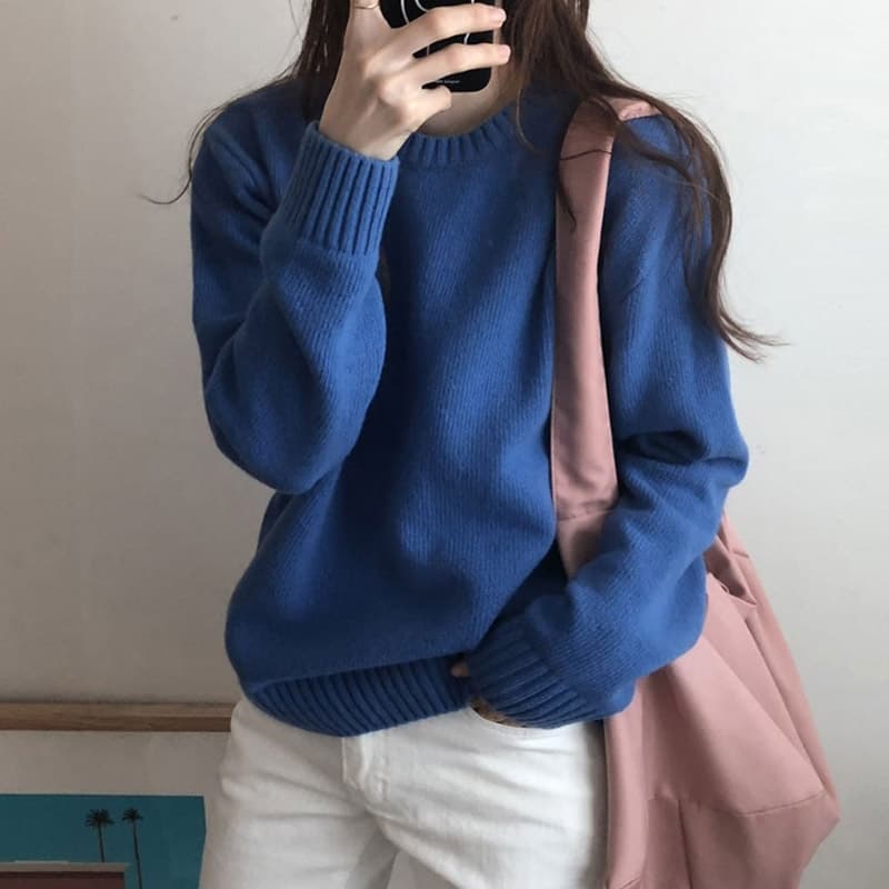 부드러운 찹쌀 찹쌀 스웨터 여자 풀오버 가을 겨울 외출용 루즈핏 느긋한 바람 단색 인사이드 가져 가라. 니트 기본 셔츠 두꺼운 상세 이미지 1