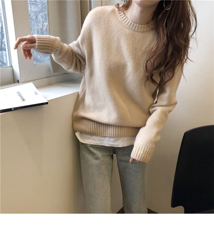 부드러운 찹쌀 찹쌀 스웨터 여자 풀오버 가을 겨울 외출용 루즈핏 느긋한 바람 단색 인사이드 가져 가라. 니트 기본 셔츠 두꺼운 상세 이미지 4