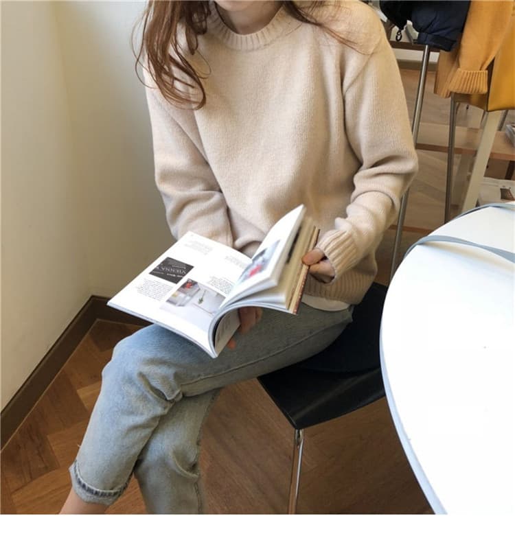 부드러운 찹쌀 찹쌀 스웨터 여자 풀오버 가을 겨울 외출용 루즈핏 느긋한 바람 단색 인사이드 가져 가라. 니트 기본 셔츠 두꺼운 상세 이미지 9