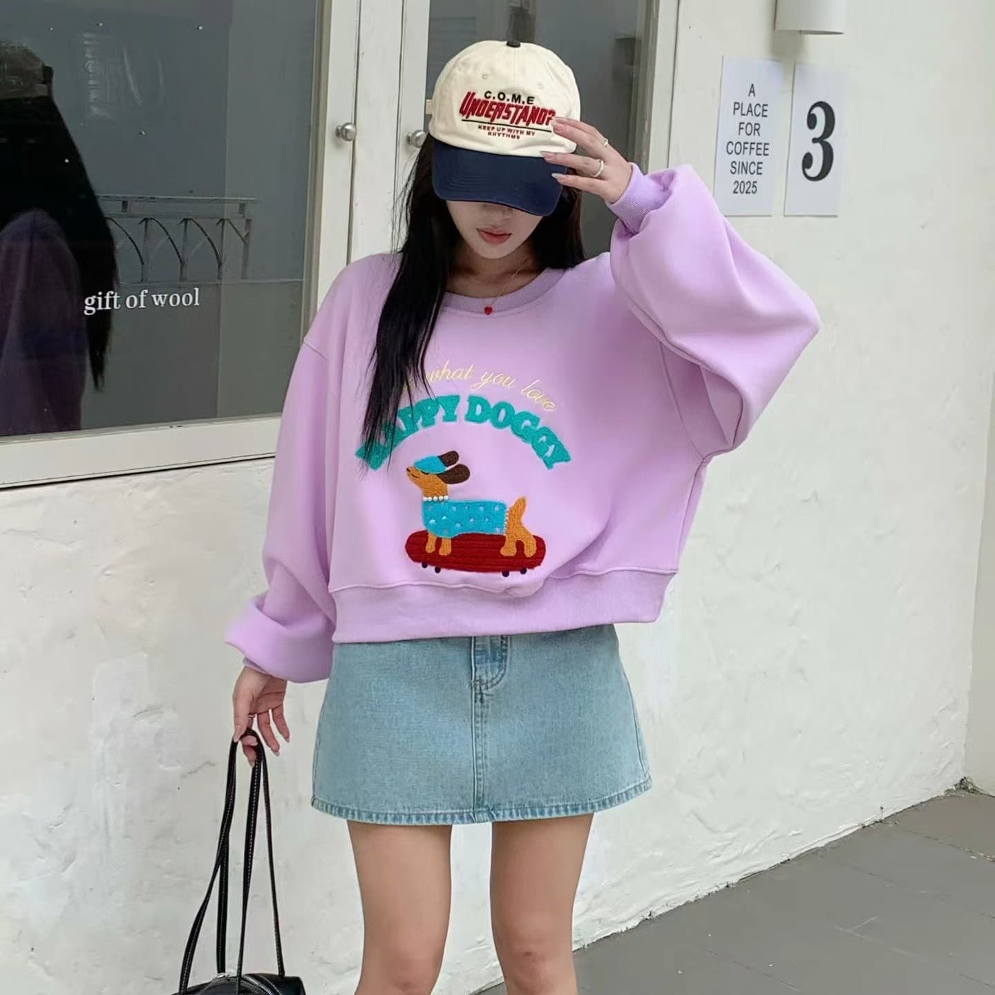 자수 수건 개 가을 의상 다용도 만화 연령 감소 루즈핏 긴팔 풀오버 스웨트셔츠 라운드 넥 미니멀리즘 슬림해 보이는 기본 셔츠 이미지 2