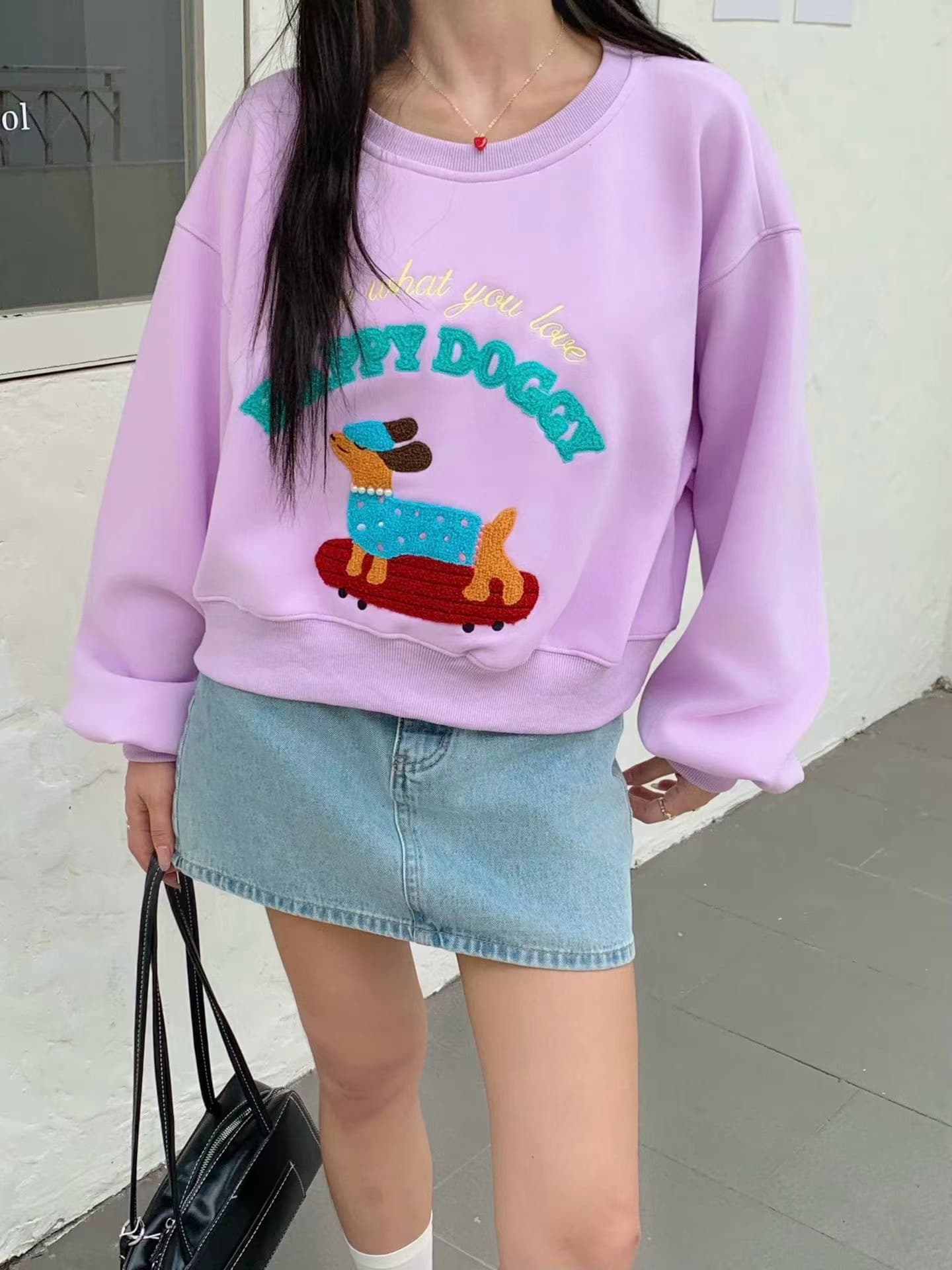 자수 수건 개 가을 의상 다용도 만화 연령 감소 루즈핏 긴팔 풀오버 스웨트셔츠 라운드 넥 미니멀리즘 슬림해 보이는 기본 셔츠 상세 이미지 2