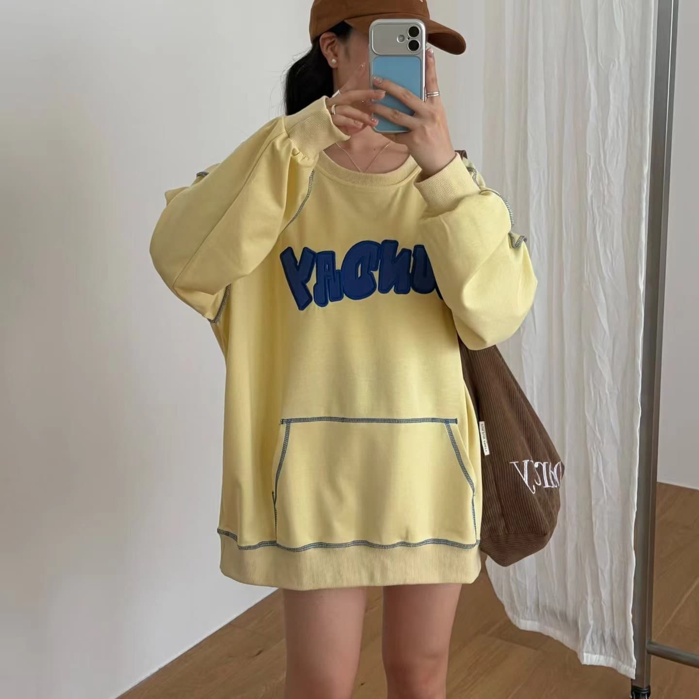작은 대중 조수 브랜드 알파벳 자수 후드티 루즈핏 라운드 넥 다용도 커플 풀오버 맨위 중간 길이 캐주얼 없음 모자 이미지 3