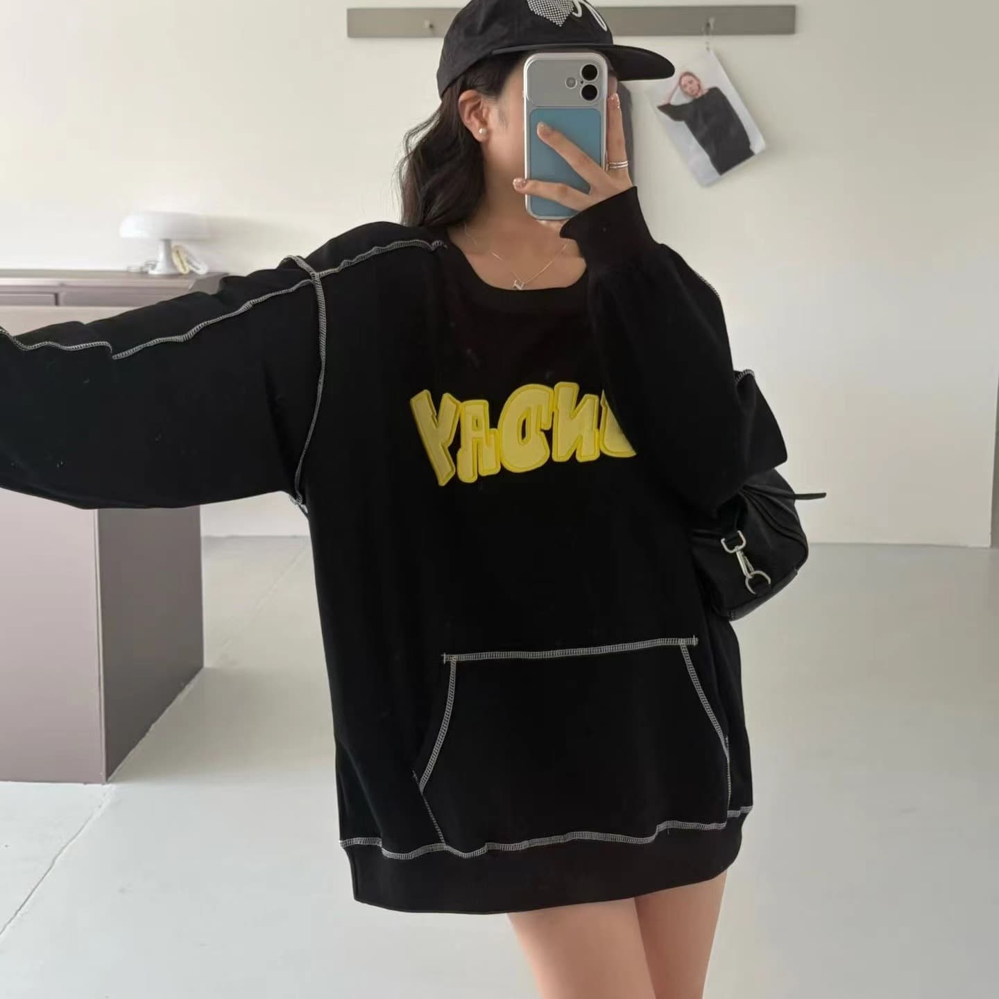 작은 대중 조수 브랜드 알파벳 자수 후드티 루즈핏 라운드 넥 다용도 커플 풀오버 맨위 중간 길이 캐주얼 없음 모자 이미지 4