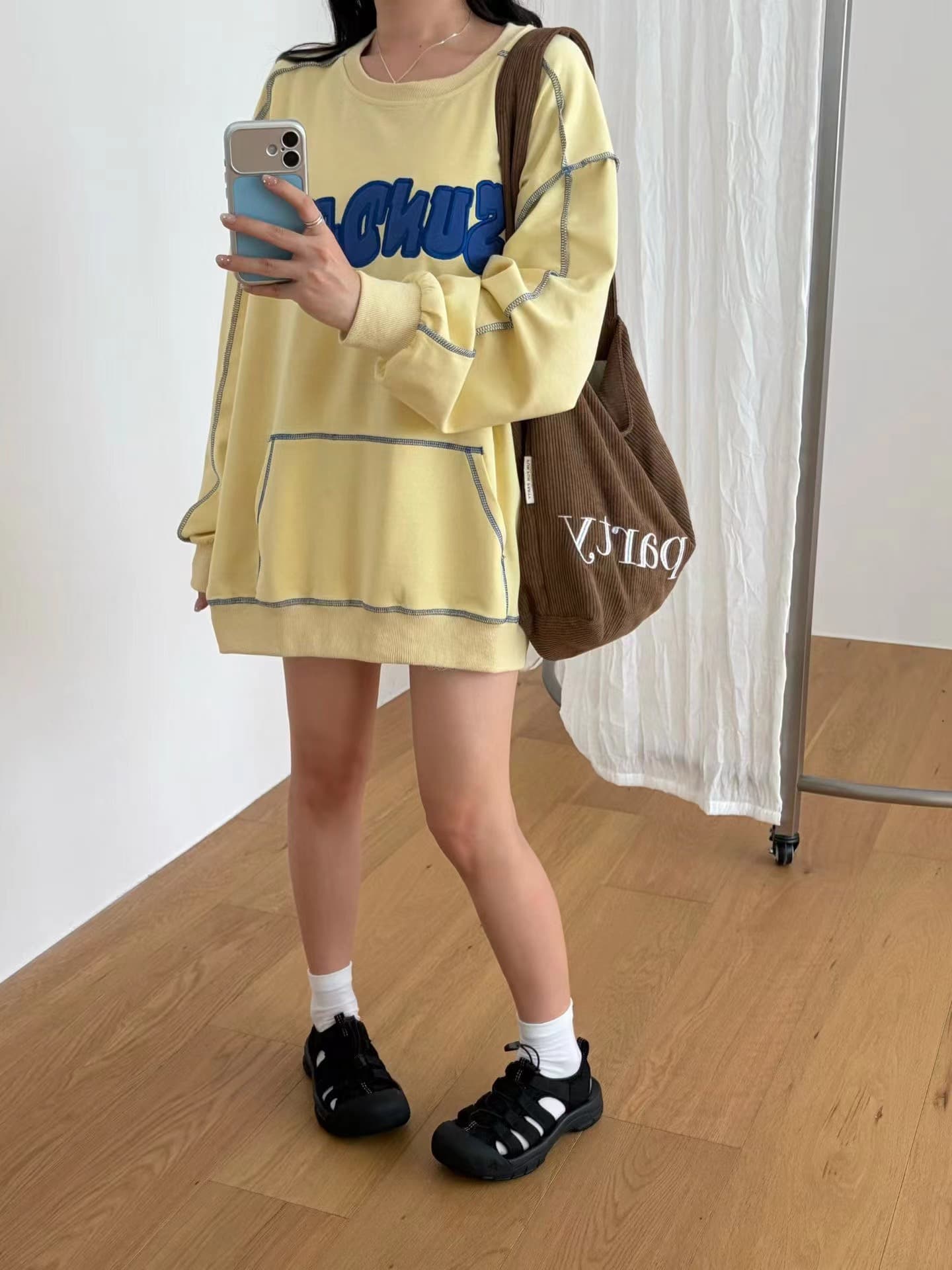 작은 대중 조수 브랜드 알파벳 자수 후드티 루즈핏 라운드 넥 다용도 커플 풀오버 맨위 중간 길이 캐주얼 없음 모자 상세 이미지 4