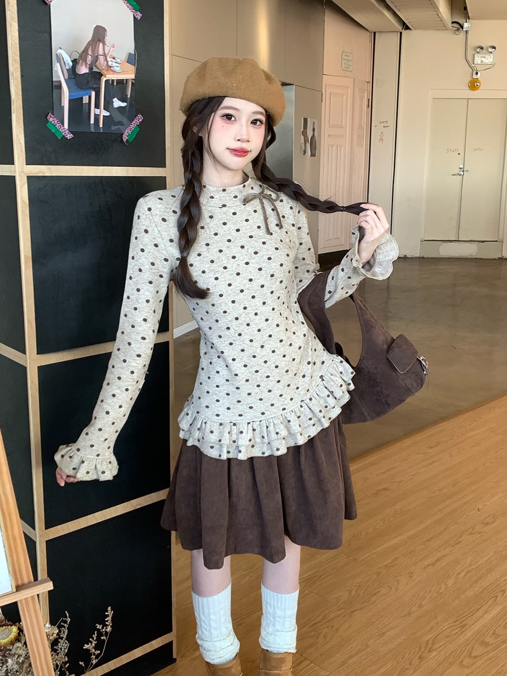 재고 있음 실사 봄 가을 레트로 도트 무늬 나비 매듭 레이스 몸매 가꾸기 슬림해 보이는 인사이드 가져 가라. 기본 셔츠 여성 셔츠 상세 이미지 4