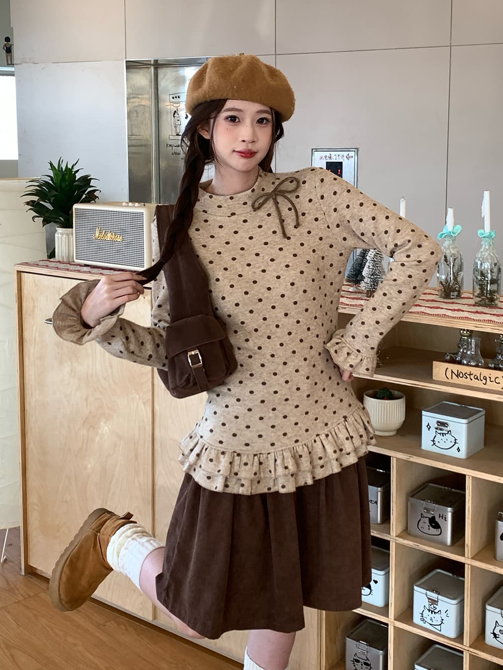 재고 있음 실사 가을 겨울 레트로 도트 무늬 나비 매듭 레이스 몸매 가꾸기 슬림해 보이는 인사이드 가져 가라. 기본 셔츠 여성 셔츠 상세 이미지 10