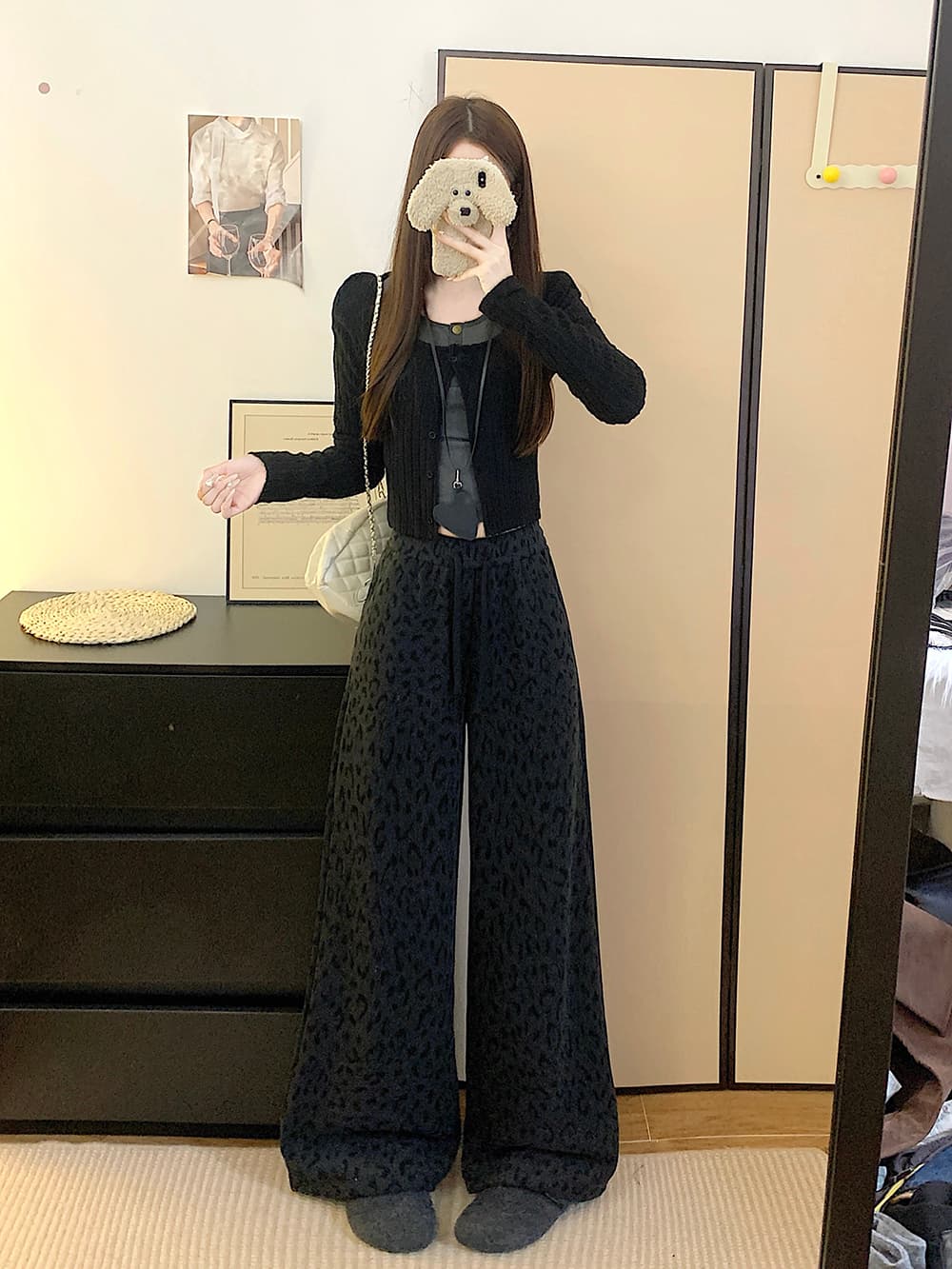 실사 가을 겨울철 털이 있는 레트로 프린트 레오파드 무늬 와이드 레그 팬츠 한국 스타일 스트레이트 루즈핏 슬림해 보이는 도루 센스 긴 바지 상세 이미지 10