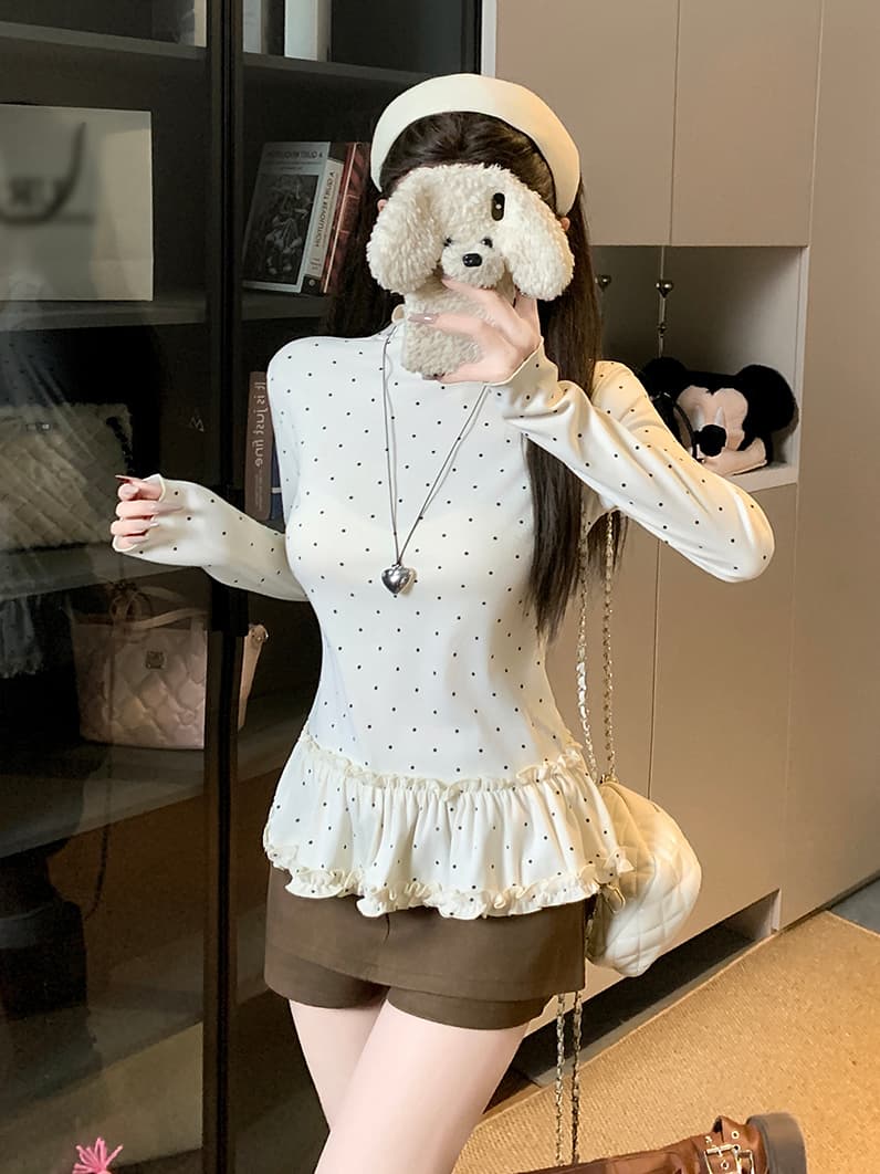 실사 한 부서 몸매 가꾸기 슬림해 보이는 다용도 도트 무늬 프릴 기본 셔츠 긴팔 맨위 여성