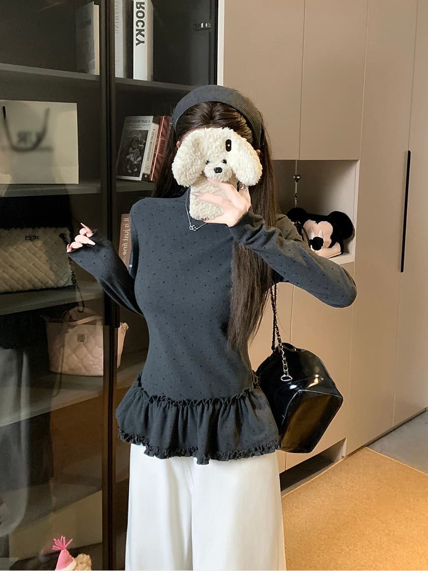 실사 한 부서 몸매 가꾸기 슬림해 보이는 다용도 도트 무늬 프릴 기본 셔츠 긴팔 맨위 여성 이미지 2
