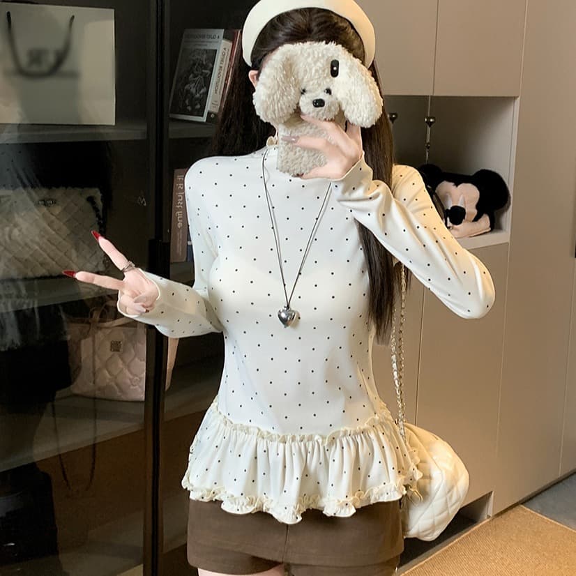 실사 한 부서 몸매 가꾸기 슬림해 보이는 다용도 도트 무늬 프릴 기본 셔츠 긴팔 맨위 여성 이미지 5