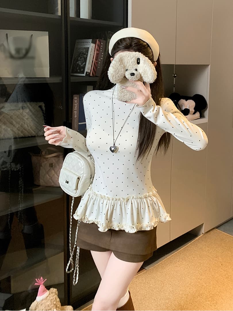 실사 한 부서 몸매 가꾸기 슬림해 보이는 다용도 도트 무늬 프릴 기본 셔츠 긴팔 맨위 여성 상세 이미지 2
