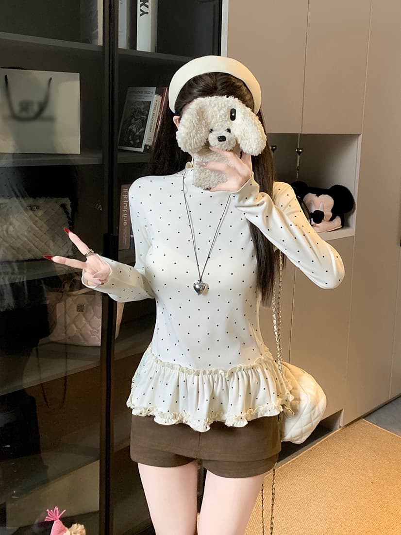 실사 한 부서 몸매 가꾸기 슬림해 보이는 다용도 도트 무늬 프릴 기본 셔츠 긴팔 맨위 여성 상세 이미지 3