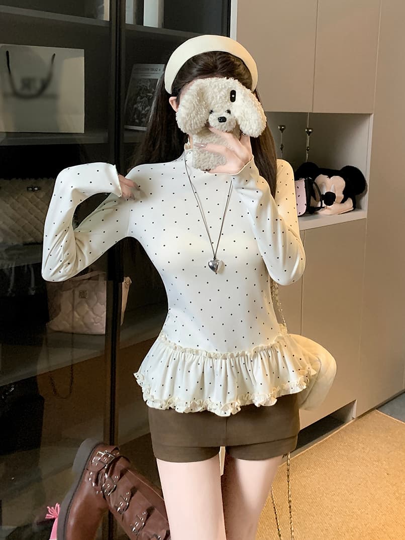 실사 한 부서 몸매 가꾸기 슬림해 보이는 다용도 도트 무늬 프릴 기본 셔츠 긴팔 맨위 여성 상세 이미지 4