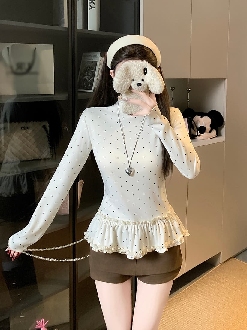 실사 한 부서 몸매 가꾸기 슬림해 보이는 다용도 도트 무늬 프릴 기본 셔츠 긴팔 맨위 여성 상세 이미지 5