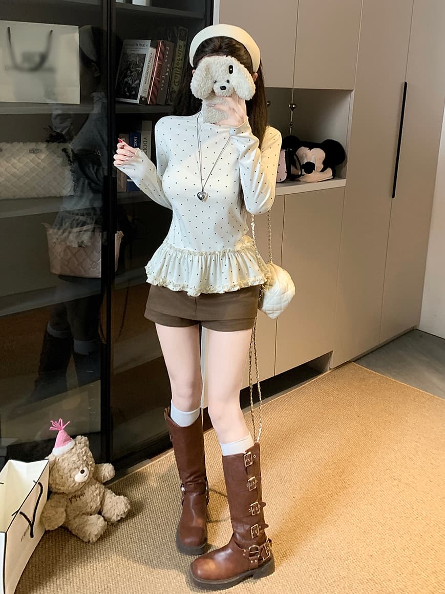 실사 한 부서 몸매 가꾸기 슬림해 보이는 다용도 도트 무늬 프릴 기본 셔츠 긴팔 맨위 여성 상세 이미지 8